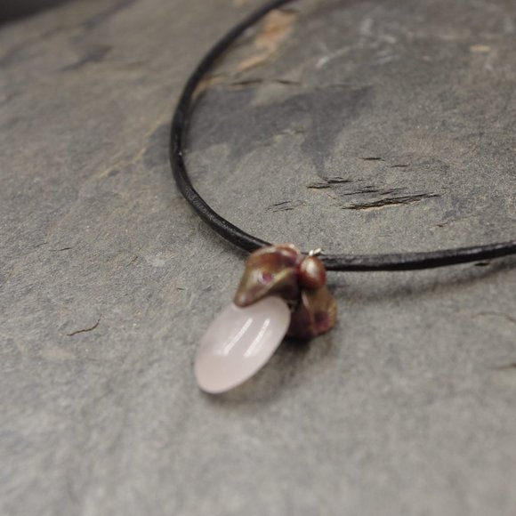 Light Pink Rose Quartz Stone Pendant with Sculpted Clay Detail on a Faux Leather - Picture 2 of 6